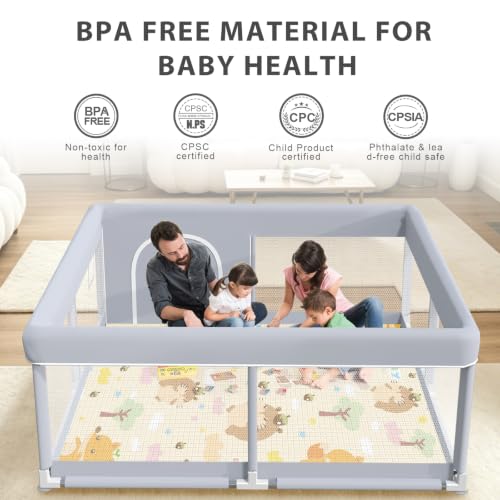 Baby Playpen with Mat - 50x50 Inch Indoor & Outdoor Play Yard for Toddlers - Grey