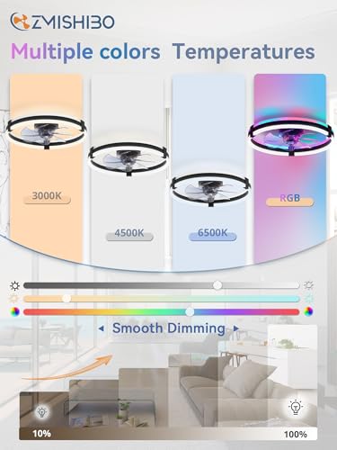 ZMISHIBO 20-Inch Black RGB Ceiling Fan with Lights Remote Control