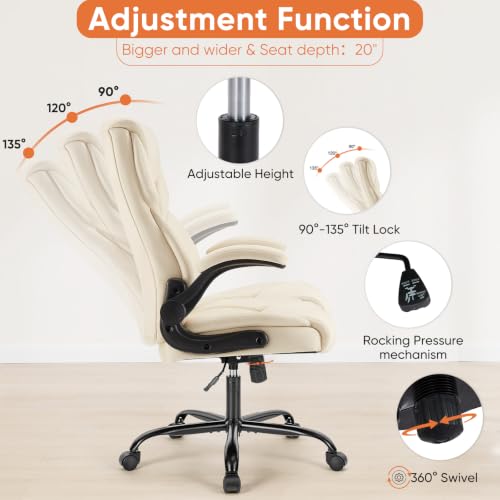 Beige Home Office Desk Chair High Back PU Leather Ergonomic Executive Chair with Flip-up Armrests