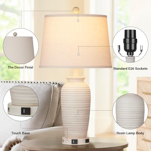CINSARY Cream Farmhouse Jar Table Lamps Set of 2 with USB & Outlets, 3-Way Touch Control, Rustic Bedside Lamps for Bedroom & Living Room