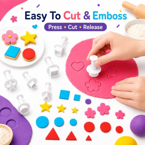 Crethinkaty 24pcs Fondant Plunger Cutters Set for Cake Decorating - Heart, Flower, Star, Geometric Shapes