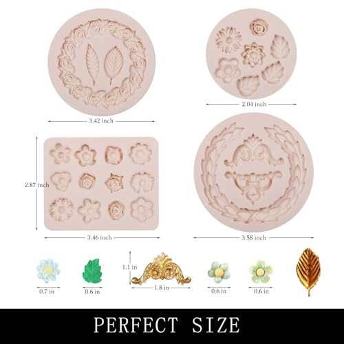Mini Flowers Chocolate Molds Silicone, 4 Packs Rose Wreath with Leaves Relief Fondant Molds for Cake Decoration, Cupcake Toppers, Sugar Craft, Polymer Clay Resin