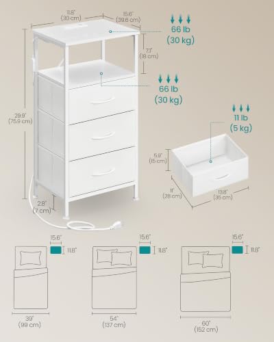 SONGMICS Nightstand with Charging Station, 3 Fabric Drawers, Cloud White & Snow White