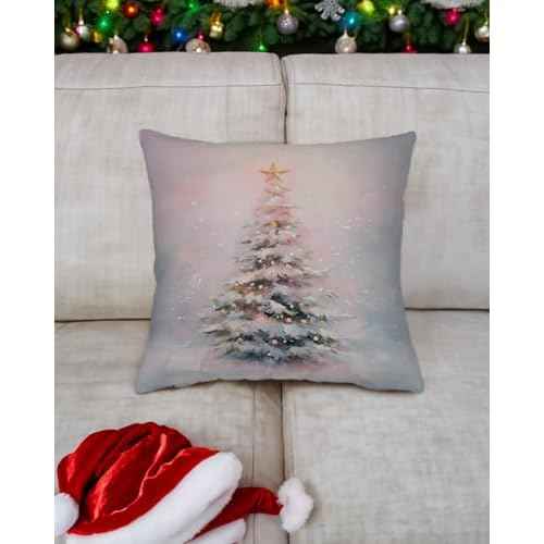 Christmas Pillow Cover 18x18 ? Pastel Pink and Blue Christmas Tree Throw Pillow ? Dreamy Holiday Decor with Gold Star for Soft Aesthetic Winter Bedroom