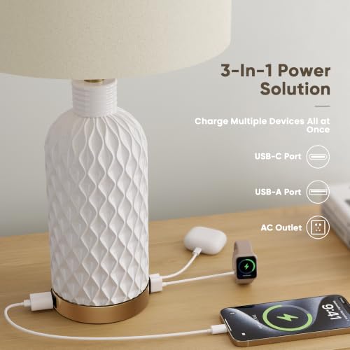 SIBRILLE 25-Inch White Ceramic Table Lamps Set of 2 with USB-C, USB-A & Outlet
