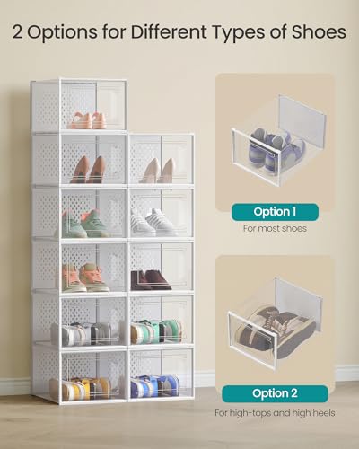 SONGMICS XXL Clear Plastic Shoe Boxes - Pack of 12, White & Transparent