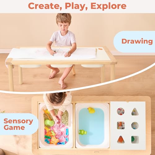Bateso Wooden Sand and Water Table for Toddlers with 3 Storage Bins - Indoor & Outdoor Sensory Play