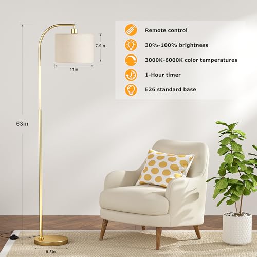Ambimall Arc Floor Lamp with Remote - Deep Beige & Gold, Dimmable & Adjustable Lighting