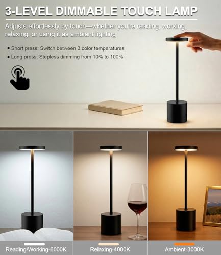 Swinerton Black Cordless Rechargeable LED Table Lamp Set of 2 for Bedroom, Patio, Restaurant