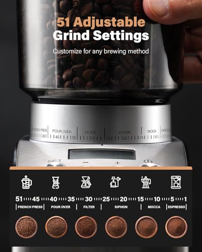 Electric Conical Burr Coffee Grinder with 51 Settings & Timer
