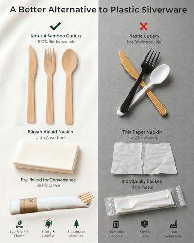 Pre Rolled Bamboo Cutlery Set with Napkins - 100 Pack Eco-Friendly Disposable Utensils