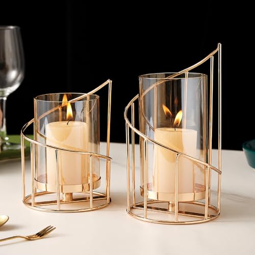 Wonder Decors 2 Pack Spiral Metal Candle Holders with Amber Glass Cylinders - Wedding & Home Decor