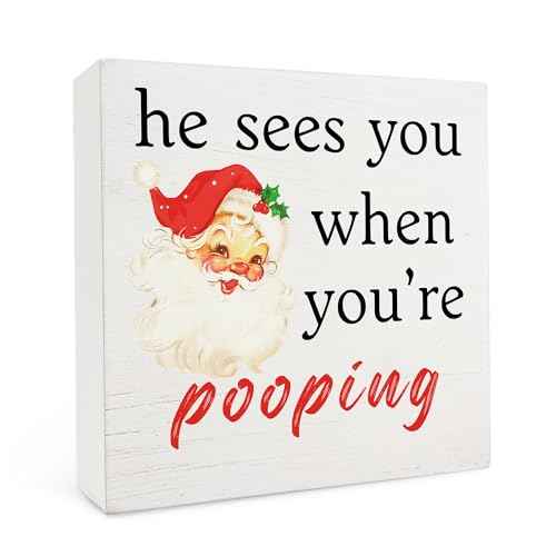 Red Christmas Santa Bathroom Wooden Box Sign,He Sees You When You're Pooping Wood Sign,Funny Christmas Bathroom Desk Sign For Home Barthroom Toilet Restroom Decor,Red Christmas Decor,5x5 Inch