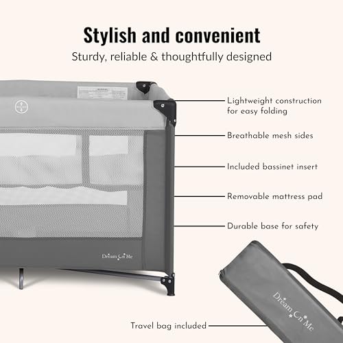 Dream On Me Zazzy Portable Baby Playard with Bassinet - Grey, Travel Carry Bag