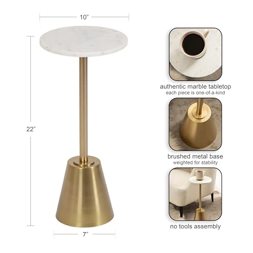 Gold Round Drink Table with White Marble Top - 10x22 Modern Glam Accent