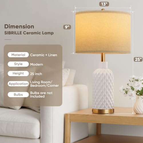 SIBRILLE 25-Inch White Ceramic Table Lamps Set of 2 with USB-C, USB-A & Outlet