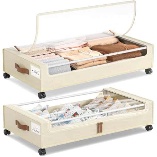 Yecaye Beige Large Under Bed Storage Containers with Wheels 2 Pack