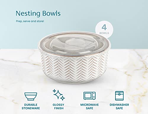 KooK 70 Oz Ceramic Nesting Bowls with Lids - Embossed Stoneware, Set of 4 Ivory