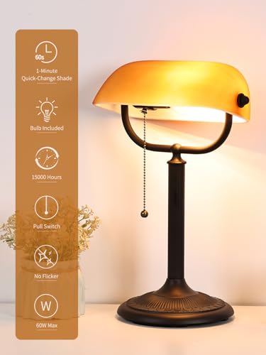 Quick-Change Desk Lamp with Amber Glass Shade - 1-Minute Replacement - Matted Amber