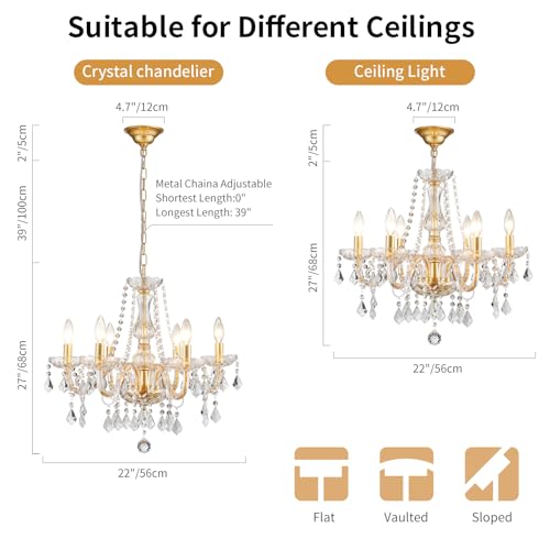 Gold 27" High 22" Wide Crystal Chandelier Light Fixture - Modern 6-Light Pendant