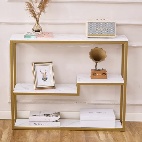 Faux Marble Console Table for Entryway - White Marble & Gold Frame, Modern Sofa Table, Space-Saving Design, 38 Inch Wide, Variation: White Marble / Multilayer