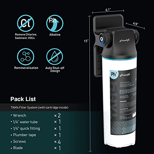 Frizzlife TAM4 Under Sink Inline Water Filter with Alkaline pH & Mineral Remineralization - NSF/ANSI 42 Certified, 1/4 Inch Fitting, Variation of TAM4