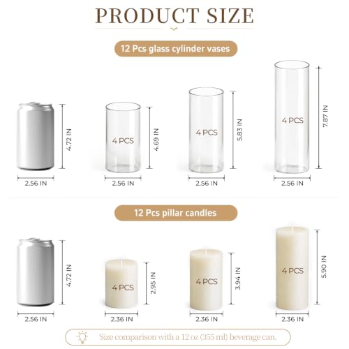 White Pillar Candles with Glass Candle Holders Set - 24 Pieces