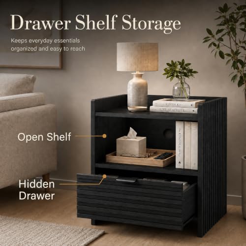 Black Oak Nightstand with Drawer - Modern End Table by Bon Augure
