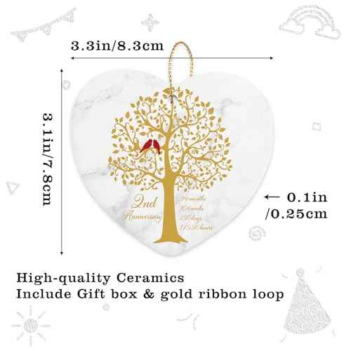 2 Year Anniversary Hanging Ornament for Him Her 2nd Marriage Wedding Gifts 2 Year Anniversary Valentines Ornament for Husband Wife Couple Christmas Ceramic Heart Keepsake