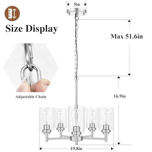 Sucolite 19.8-inch Brushed Nickel 5-Light Chandelier for Dining Room - Modern Farmhouse Pendant Lighting