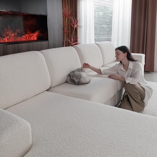 OHSIO Ivory 3-Seat Couch Cushion Cover for Sectional Sofa, Soft Stretch Slipcover