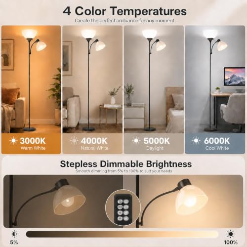 GERGO Matte Black Torchiere Floor Lamp with Remote & Adjustable Reading Light
