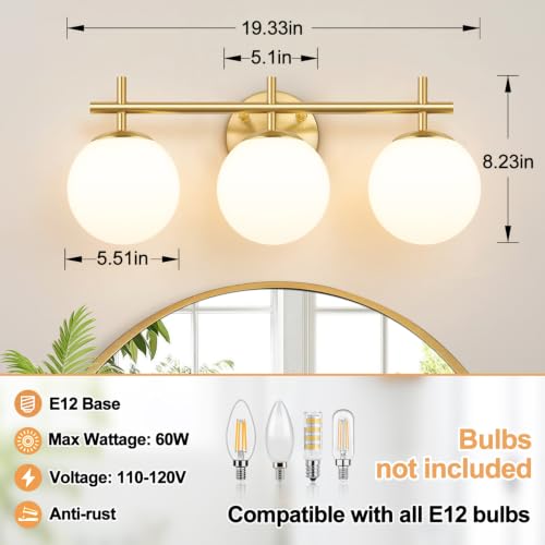 Brushed Gold 3-Light Bathroom Vanity Light Fixture with White Glass Globes - Variation of Brushed Gold / 3-Light