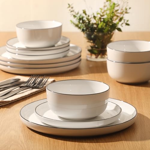 Porcelain Dinnerware Set for 4 - White with Black Rim, 12 Pieces