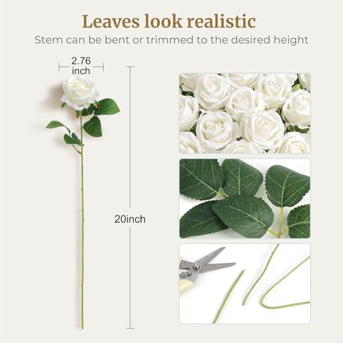 Artificial White Roses Set - 104 Realistic Fake Flowers for Wedding & Decor