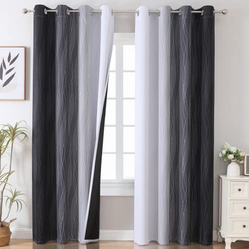 Black and Greyish White Ombre Blackout Curtains for Bedroom 52x84 Inch - Pack of 2 - Modern Wavy Line Design