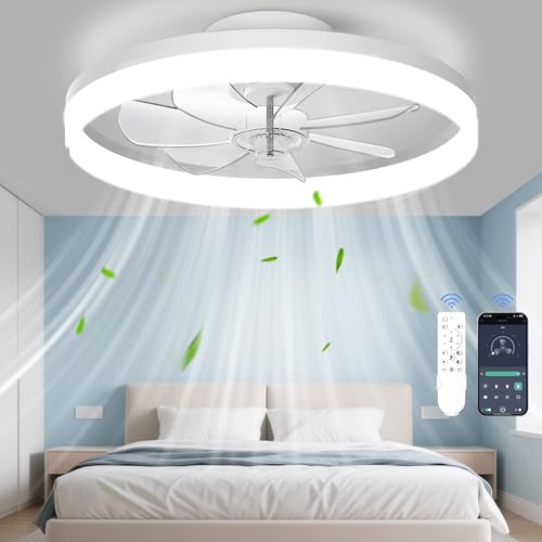 CHAREADA 20-Inch White Ceiling Fan with Light, Remote & App Control, Low Profile Foldable Design