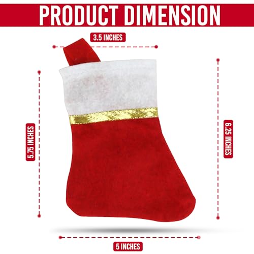 Iconikal 24-Pack Mini Christmas Stockings Red Felt 5x6.25-Inch Gold Ribbon Holiday Decor Ornaments Utensil Holders Wine Bottle Toppers Craft Bulk Pack