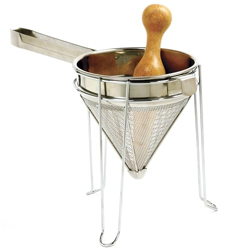 9x7 Inch Stainless Steel Conical Chinois with Stand and Pestle for Straining and Pureeing