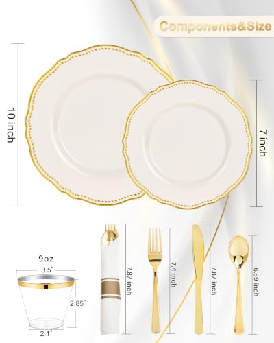 Hioasis Ivory Gold Disposable Plastic Plates Set for Wedding & Party – 350 pcs, 50 Guests, 10-inch & 7-inch Dinner & Dessert Plates