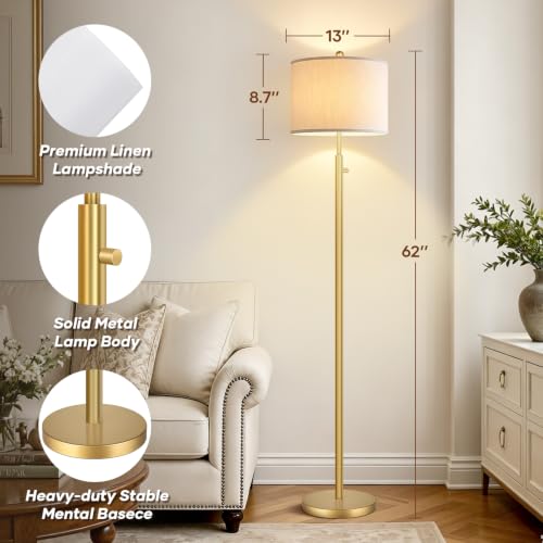 Dimmable Floor Lamp with Linen Shade - Gold Finish, Tall Standing Light, 11W LED Bulb Included, Modern Living Room & Bedroom Decor - Gold Line Shade