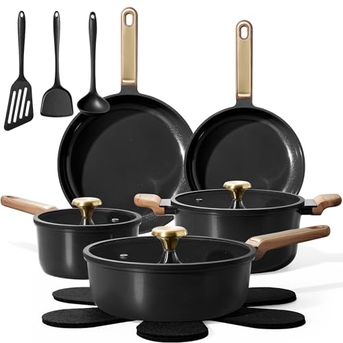 Ceramic Cookware Set 16pcs with Non-Toxic Nonstick Pans & Lids - Black