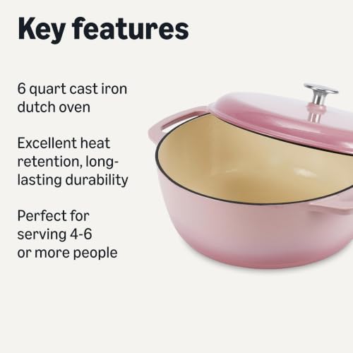 Amazon Basics 6-Quart Enameled Cast Iron Dutch Oven Pot Light Pink - Oven Safe, Heavy-Duty for Stews & Roasting