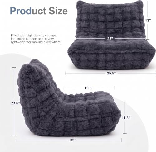 Memory Foam Bean Bag Chair with Faux Fur Cover - Dark Grey, Compact & Supportive