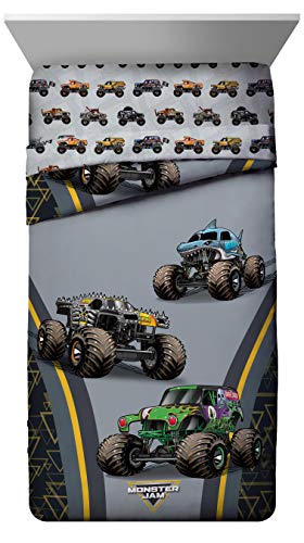 Monster Jam Twin Bed Set - Reversible Comforter & Sheet Bedding for Kids, Grave Digger & Max-D