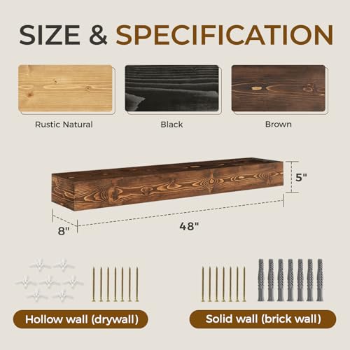 48 Inch Fireplace Mantel Shelf - 5 Inch Thick Pine Wood Floating Wall Shelf - Brown, Hollow, 48x5x8