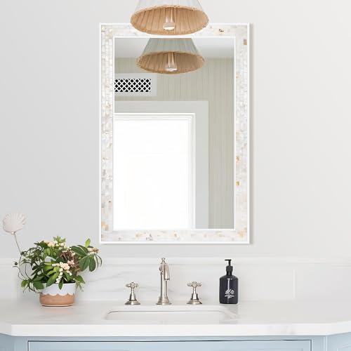24 x 36 Inch White Mosaic Bathroom Wall Mirror - Natural Shell Frame, Tempered Glass, Coastal Style Variation of THIS listing