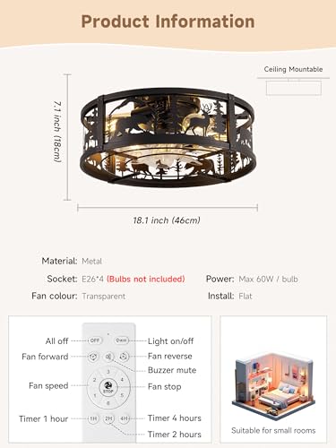18 Inch Rustic Farmhouse Ceiling Fan with Light and Forest Animal Silhouettes