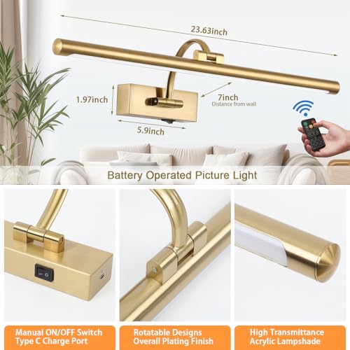 Brass Rechargeable Battery Operated Picture Light with Remote - 23.6 Inch Dimmable Art Wall Sconce