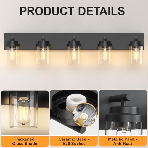 IZORRO 36 Inch Black 5-Light Bathroom Vanity Light Fixture with Clear Glass Shades - Modern Farmhouse Style, Dimmable, Over Mirror